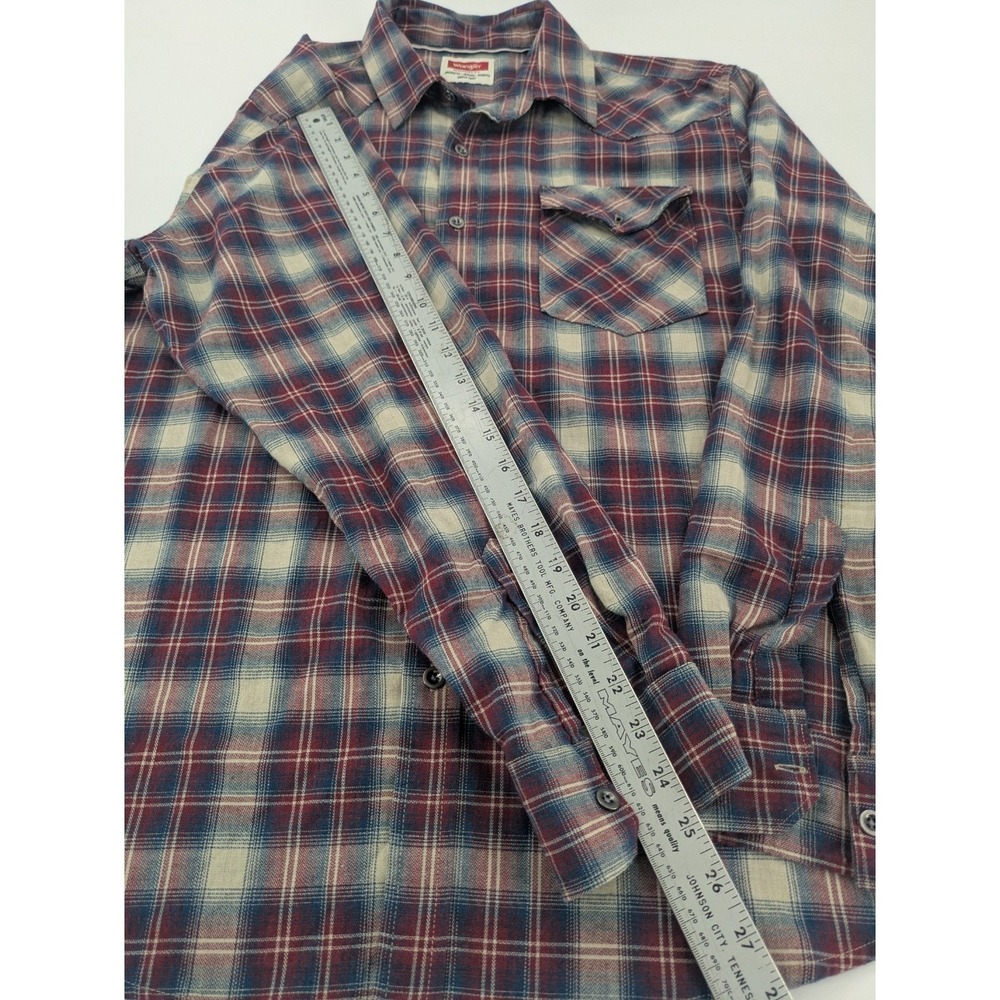 Wrangler Western Plaid Flannel Shirt Men Large Long Sleeve Snap Button Red Beige - Picture 7 of 9